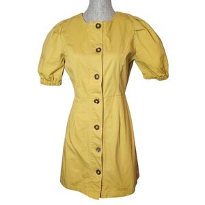Yellow 100% Cotton Dress - Size M - Puff Short Sleeve Button-Front Twee Twill